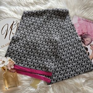 Black and White Patterned Scarf with Pink Accents